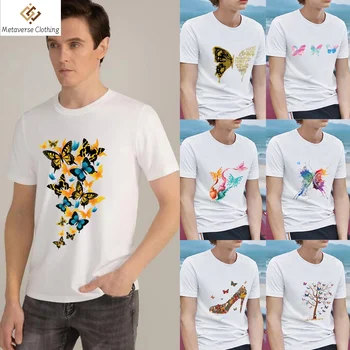 Тениска, Мъжки дрехи, Класически Цвят Мъжка риза с принтом Пеперуди, Модни и Ежедневни Проста Универсална младежка тениска с кръгло деколте за междуградски пътувания