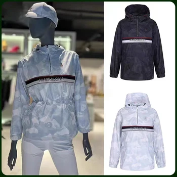 Дамско яке за голф MARK, новост 2023, Камуфляжный разпечатки с качулка, тънка яке с прибиращ се талия, Спортна ветрозащитная джърси