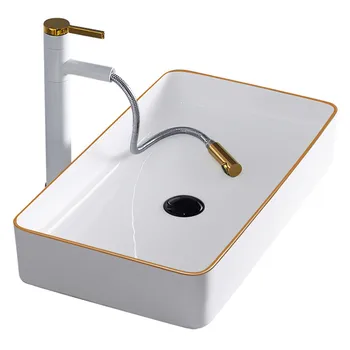 Златни купи за мивка в банята над мивката, Бяла художествена мивка, Лека Луксозна Керамична мивка в европейски стил