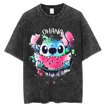 Тениска Kawaii Lilo Stitch, Дамски лятна выстиранная тениски с анимационни принтом, лятна тениска, Сладка тениска с аниме оверсайз за момичета