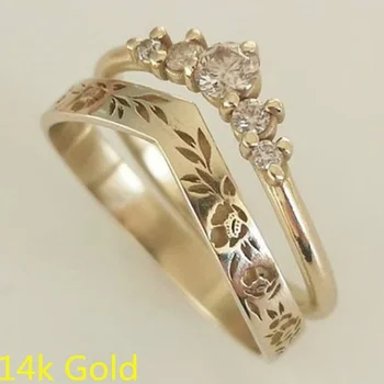 V-образен Комплект пръстени с цветя, ръчно изработени, подарък на Приятел За Рожден Ден, подарък за Коледа Jewelry14K Gold, Женски Венчален пръстен За Булката