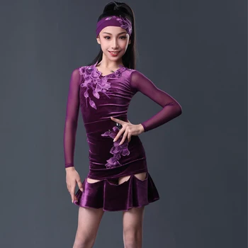 Виолетовият Бархатное Сетчатое рокля с ръкави за латино танци Детски рокли за състезания по танци балната зала Рокля за латино танци за момичета SL7892