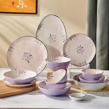 Корейската малка прясна керамични съдове лилаво цвете камбанка с неправилна форма керамична чиния и купа за спагети купа за ориз, рибно чиния