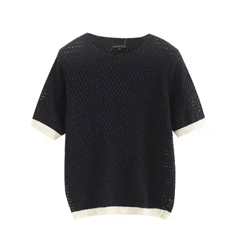 2023 Годишният нов дамски вязаный пуловер в контрастен цвят, с кръгло деколте и къси ръкави, облегающая модни трикотажная тениска