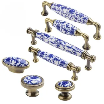 Синьо-бялата керамична дръжка от керамика Нов китайски Шкаф, от масивно дърво, Шкаф за обувки, чекмеджето, Кръгла врата копчето с един отвор