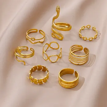 Змеиные кухи Регулируеми отвори пръстени от неръждаема стомана За жени Златист цвят, Реколта пръстен на пръста с неправилна геометрична форма, бижута