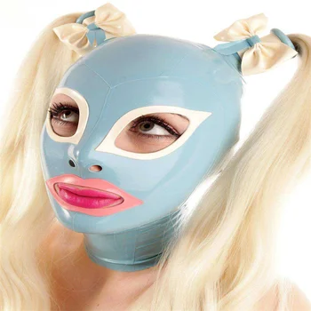 Латексный качулка ръчно изработени, гумена маска с 2 перуки, цип отзад, озерно-синьо небе с бял Отворена уста за жени