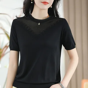 Дамски долна риза в стил мозайка с къс ръкав и кръгло деколте, лятна вязаная проста модна тениска с извити мъниста